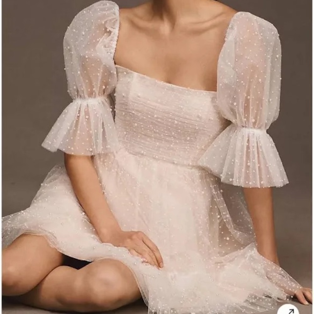 By Watters Anthropologie Pear Puff Sleeve Mini Dress